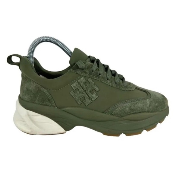 Tory Burch Olive Green Suede Leather Logo Chunky Platform Sneakers Shoes 5M - Picture 1 of 7